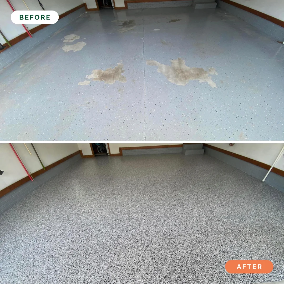 Before and after epoxy coating on cracked concrete floor — Tema industrial
